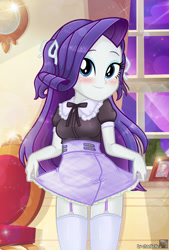 Size: 842x1246 | Tagged: safe, alternate version, artist:charliexe, derpibooru import, rarity, equestria girls, belt, blushing, clothes, cute, dress, eyeshadow, female, garter straps, garters, looking at you, maid, maidity, makeup, raribetes, skirt, solo, stockings, thigh highs