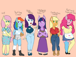 Size: 2048x1536 | Tagged: safe, artist:mintymelody, derpibooru import, applejack, fluttershy, pinkie pie, rainbow dash, rarity, twilight sparkle, anthro, plantigrade anthro, apron, clothes, digital art, eye clipping through hair, female, mane six, orange background, simple background