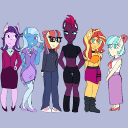 Size: 2048x2048 | Tagged: safe, artist:mintymelody, derpibooru import, coco pommel, fizzlepop berrytwist, moondancer, starlight glimmer, sunset shimmer, tempest shadow, trixie, anthro, plantigrade anthro, converse, female, high res, shoes, simple background