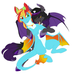 Size: 1089x1109 | Tagged: safe, artist:requiem♥, derpibooru import, oc, oc only, oc:drivel, oc:zenaris blackmour, bat pony, dracony, dragon, hybrid, pony, bat wings, clothes, collar, dragon wings, dyed mane, dyed tail, ear piercing, eyeshadow, fangs, grabbing, hat, heterochromia, jewelry, makeup, male, necklace, open mouth, piercing, simple background, stallion, tail, tongue, tongue out, transparent background, trap, wings, worried
