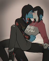 Size: 2500x3080 | Tagged: safe, artist:tavishcg, derpibooru import, equestria girls, bring me the horizon, clothes, commission, converse, disguise, disguised siren, equestria girls-ified, gay, hoodie, jeans, kellin quinn, kissing, lip piercing, male, oliver sykes, pants, piercing, ripped jeans, ripped pants, shipping, shoes, sleeping with sirens, tattoo, torn clothes, ych result