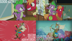 Size: 1280x720 | Tagged: safe, derpibooru import, edit, edited screencap, editor:quoterific, screencap, big macintosh, discord, spike, draconequus, dragon, earth pony, pony, season 8, the break up breakdown, spoiler:s08, captain wuzz, grin, male, open mouth, smiling, stallion