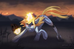 Size: 1707x1131 | Tagged: safe, artist:draw__3, derpibooru import, oc, oc only, oc:silver spirit, pony, unicorn, fallout equestria, amputee, angry, desert, gun, magic, magic aura, prosthetic limb, prosthetics, solo, weapon