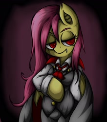 Size: 1929x2205 | Tagged: safe, artist:kyouman1010, derpibooru import, fluttershy, bat pony, pony, bat ponified, clothes, fangs, flutterbat, race swap, solo, suit, vampire bat pony