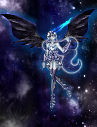 Size: 1486x1941 | Tagged: safe, artist:anzhelee, derpibooru import, nightmare moon, human, alicorn humanization, clothes, ethereal mane, female, galaxy mane, glowing horn, grin, helmet, horn, horned humanization, humanized, smiling, solo, space, stars, winged humanization, wings