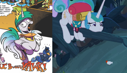 Size: 1008x582 | Tagged: safe, derpibooru import, edit, idw, screencap, granny smith, princess celestia, princess luna, sweetie belle, alicorn, bird, chicken, pony, between dark and dawn, friends forever, spoiler:comic, spoiler:comicff38, alektorophobia, behaving like a chicken, chickenlestia, clucking, comparison, coward, derp, wimplestia