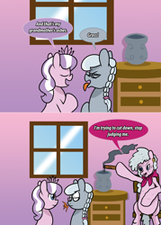 Size: 1280x1786 | Tagged: safe, artist:ladyanidraws, derpibooru import, diamond tiara, silver spoon, oc, pony, ashtray, bait and switch, cigar, female, grandmother, smoking, vase