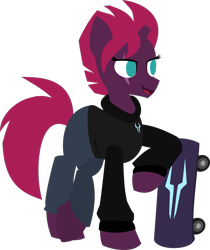 Size: 1151x1368 | Tagged: safe, artist:samsailz, derpibooru import, fizzlepop berrytwist, tempest shadow, pony, unicorn, alternate hairstyle, broken horn, clothes, eye scar, hoodie, horn, lineless, scar, skateboard, smiling, solo