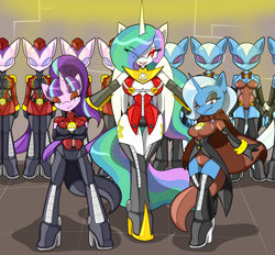 Size: 4681x4351 | Tagged: safe, artist:tinker-tock, derpibooru import, princess celestia, starlight glimmer, trixie, alicorn, anthro, robot, unguligrade anthro, unicorn, absurd resolution, alternate universe, boots, breasts, cap, cape, clothes, eggman empire of equestria, evening gloves, eye clipping through hair, eyeshadow, gloves, hair over one eye, hat, high heel boots, high heels, leotard, lidded eyes, long gloves, looking at you, makeup, mind control, minion, princess breastia, shoes, smiling, socks, starlight jiggler, thigh boots, thigh highs, titsie, uniform