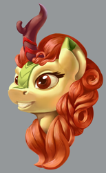 Size: 416x675 | Tagged: safe, artist:applepost67, derpibooru import, autumn blaze, kirin, bust, female, gray background, grin, portrait, simple background, smiling, solo