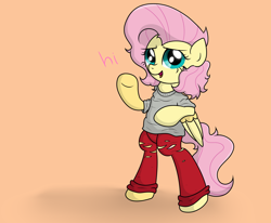 Size: 4056x3337 | Tagged: safe, artist:background basset, derpibooru import, fluttershy, pegasus, pony, alternate hairstyle, bipedal, clothes, hi, pants, shirt, simple background, solo, text, tomboy, torn clothes, waving