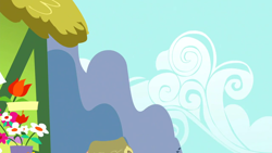 Size: 1280x720 | Tagged: safe, derpibooru import, screencap, slice of life (episode), background, cloud, flower, flower shop, house, mountain, ponyville, scenic ponyville