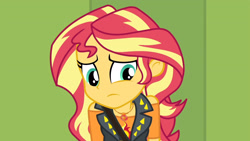 Size: 3410x1920 | Tagged: safe, derpibooru import, screencap, sunset shimmer, better together, equestria girls, forgotten friendship, clothes, cute, cutie mark, cutie mark on clothes, female, geode of empathy, jacket, jewelry, leather, leather jacket, lockers, magical geodes, necklace, sad, sadorable, shimmerbetes, solo