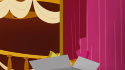 Size: 1280x720 | Tagged: safe, derpibooru import, screencap, slice of life (episode), background, bell, box, curtain, liminal space, no pony, ponyville town hall, scenic ponyville