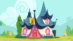 Size: 1280x720 | Tagged: safe, derpibooru import, screencap, slice of life (episode), background, cloud, hill, house, no pony, ponyville, ponyville spa, scenic ponyville, tree