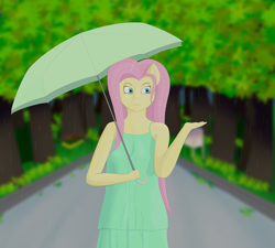 Size: 2992x2696 | Tagged: safe, artist:drakang, derpibooru import, fluttershy, anthro, pegasus, pony, park, rain, solo