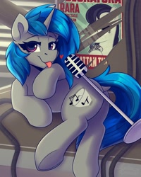 Size: 1600x2000 | Tagged: safe, artist:shadowreindeer, derpibooru import, coloratura, oc, oc only, oc:homage, pony, unicorn, fallout equestria, butt, dock, fallout, lidded eyes, looking at you, microphone, plot, raspberry, smiling, tongue, tongue out, underhoof