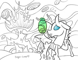 Size: 1024x792 | Tagged: safe, artist:sugar-loop, derpibooru import, thorax, changeling, bindle, chrysalis' throne, leaving, looking back, sad, solo