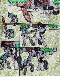 Size: 2549x3299 | Tagged: safe, artist:l9obl, derpibooru import, octavia melody, changeling, earth pony, pony, angry, badass, block, buck, dodge, eyes closed, fight, kicking, table