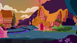 Size: 1280x720 | Tagged: safe, derpibooru import, screencap, slice of life (episode), background, bridge, cloud, house, no pony, ponyville, river, scenic ponyville, slice of life, sunset