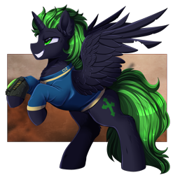 Size: 3309x3350 | Tagged: safe, artist:pridark, derpibooru import, oc, oc only, oc:ali, alicorn, pony, alicorn oc, clothes, cutie mark, fallout, high res, horn, male, patreon, patreon reward, pipbuck, smiling, solo, video game crossover, wings