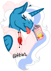 Size: 271x379 | Tagged: safe, artist:kitkatbug1, derpibooru import, oc, oc:fleurbelle, alicorn, alicorn oc, bow, clothes, female, food, hair bow, holding, hoodie, horn, mare, soda, soda can, strawberry, tongue, tongue out, wings
