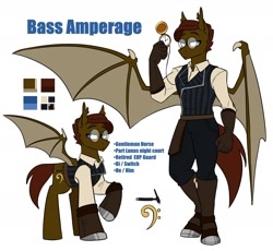 Size: 1864x1716 | Tagged: safe, artist:redxbacon, derpibooru import, oc, oc only, oc:bass amperage, anthro, bat pony, pony, unguligrade anthro, bat pony oc, clothes, explicit source, glasses, leather gloves, pocket watch, reference sheet, solo, vest