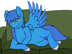 Size: 4000x3000 | Tagged: safe, artist:soupyfox, derpibooru import, part of a set, oc, oc only, pegasus, glasses, lying down, male, smiling, smirk, sofa, solo, spread wings, stallion, wings