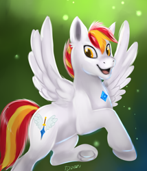 Size: 3000x3500 | Tagged: safe, artist:tehtigress, derpibooru import, oc, oc only, oc:shining sky, pegasus, pony, commission, frog (hoof), gradient background, high res, looking at you, male, open mouth, open smile, pegasus oc, signature, smiling, solo, spread wings, stallion, tail, underhoof, wings, ych result