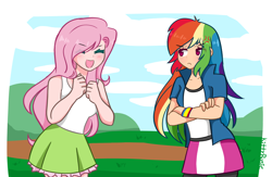 Size: 5960x3888 | Tagged: safe, artist:kittyrosie, derpibooru import, fluttershy, rainbow dash, human, equestria girls, season 1, sonic rainboom (episode), clothes, crossed arms, cute, digital art, equestria girls interpretation, eyes closed, female, flutteryay, human coloration, humanized, open mouth, scene interpretation, shyabetes, unamused, yay