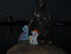 Size: 5152x3864 | Tagged: safe, derpibooru import, rainbow dash, trixie, pegasus, pony, unicorn, copenhagen, denmark, irl, photo, plushie, ponies around the world, statue, the little mermaid