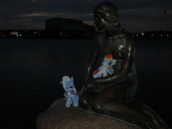 Size: 5152x3864 | Tagged: safe, derpibooru import, rainbow dash, trixie, pegasus, pony, unicorn, copenhagen, denmark, irl, photo, plushie, ponies around the world, statue, the little mermaid