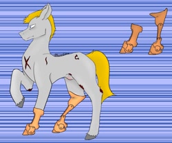 Size: 1280x1066 | Tagged: safe, artist:kimidree, derpibooru import, oc, oc only, earth pony, pony, amputee, male, prosthetic limb, prosthetics, scar, solo, stallion, unshorn fetlocks