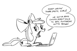 Size: 962x646 | Tagged: safe, artist:mellodillo, derpibooru import, apple bloom, earth pony, pony, black and white, computer, female, filly, grayscale, implied cutie mark crusaders, implied fluttershy, laptop computer, monochrome