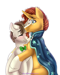 Size: 2000x2500 | Tagged: safe, artist:allisonbacker, derpibooru import, sunburst, oc, oc:coda, unicorn, blushing, bowtie, canon x oc, cloak, clothes, couple, cuddling, glasses, hug, sunburst's cloak