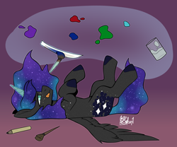 Size: 3000x2500 | Tagged: safe, artist:lionbun1, derpibooru import, oc, oc:new moon, alicorn, cute, female, filly, lying down, mare, offspring, on back, painting, parent:princess luna, parents:canon x oc, patreon, patreon reward