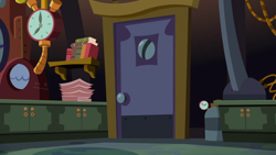 Size: 1280x720 | Tagged: safe, derpibooru import, screencap, slice of life (episode), background, book, clock, door, laboratory, liminal space, machinery, no pony, scenic ponyville