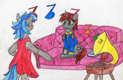 Size: 804x523 | Tagged: safe, artist:superdwarf3000, derpibooru import, oc, oc:homage, oc:littlepip, pony, unicorn, fallout equestria, clothes, dress, phonograph, pipbuck, sofa, vault suit