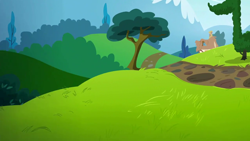 Size: 1280x720 | Tagged: safe, derpibooru import, screencap, slice of life (episode), background, hill, house, mountain, path, ponyville, scenery, scenic ponyville, tree