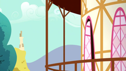 Size: 1280x720 | Tagged: safe, derpibooru import, screencap, slice of life (episode), background, cloud, hill, house, no pony, ponyville, ponyville town hall, scenic ponyville, tree, window