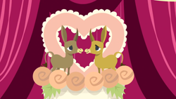 Size: 1280x720 | Tagged: safe, derpibooru import, screencap, cranky doodle donkey, matilda, slice of life (episode), background, curtain, no pony, ponyville town hall, scenic ponyville, wedding cake