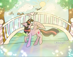 Size: 852x671 | Tagged: safe, artist:winterclaws22, derpibooru import, twilight sparkle, twilight sparkle (alicorn), alicorn, bird, pony, squirrel, bridge, cloud, solo, sun, sunlight, tree