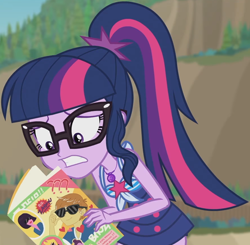 Size: 1380x1355 | Tagged: safe, derpibooru import, screencap, feather bangs, sci-twi, twilight sparkle, better together, equestria girls, friendship math, clothes, cropped, female, geode of telekinesis, glasses, magazine, magical geodes, one-piece swimsuit, ponytail, sci-twi swimsuit, sleeveless, solo, swimsuit