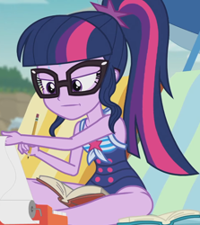 Size: 1508x1687 | Tagged: safe, derpibooru import, screencap, sci-twi, twilight sparkle, better together, equestria girls, friendship math, adding machine, beach chair, clothes, cropped, female, geode of telekinesis, glasses, magical geodes, one-piece swimsuit, pencil, ponytail, sci-twi swimsuit, sleeveless, solo, swimsuit