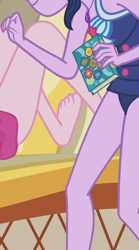 Size: 940x1689 | Tagged: safe, derpibooru import, screencap, pinkie pie, sci-twi, twilight sparkle, better together, equestria girls, friendship math, book, clothes, cropped, female, geode of telekinesis, magical geodes, one-piece swimsuit, ponytail, sci-twi swimsuit, sleeveless, swimsuit