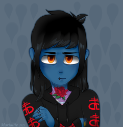 Size: 2251x2335 | Tagged: safe, artist:mariattie, derpibooru import, equestria girls, abstract background, bring me the horizon, bust, clothes, commission, drop dead clothing, equestria girls-ified, frown, high res, hoodie, lip piercing, looking at you, male, oliver sykes, piercing, shirt, solo, tattoo, undershirt, ych result