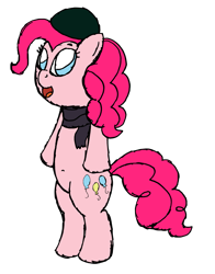 Size: 1563x1991 | Tagged: safe, artist:sparkfler85, derpibooru import, pinkie pie, earth pony, pony, belly button, bipedal, clothes, female, hat, mare, open mouth, scarf, simple background, solo, standing, transparent background