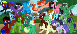 Size: 3661x1638 | Tagged: safe, artist:greynimbus, derpibooru import, oc, oc:chaoticseven, oc:cyrilthewolf, oc:dawillstanator, oc:decibelle, oc:goombasa, oc:imshadow007, oc:itsannachloem, oc:lupiarts, oc:nowacking, oc:pegasus pitch, oc:purpleroselyn, oc:shadowring123, oc:starryflame, oc:vannamelon, oc:warriorcatcloudtail5, alicorn, earth pony, pegasus, pony, unicorn, banner, female, male, rina-chan