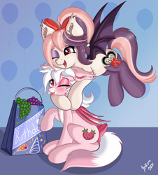 Size: 4532x5004 | Tagged: safe, artist:sethisto, derpibooru import, oc, oc:cream puff, oc:sweet velvet, bat pony, birthday, bow, clothes, food, fruit, grapes, hug, simple background, socks