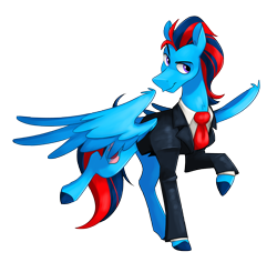 Size: 3328x3140 | Tagged: safe, artist:luximus17, derpibooru import, oc, oc only, oc:andrew swiftwing, pegasus, clothes, male, necktie, pose, smiling, smirk, spread wings, stallion, suit, wings